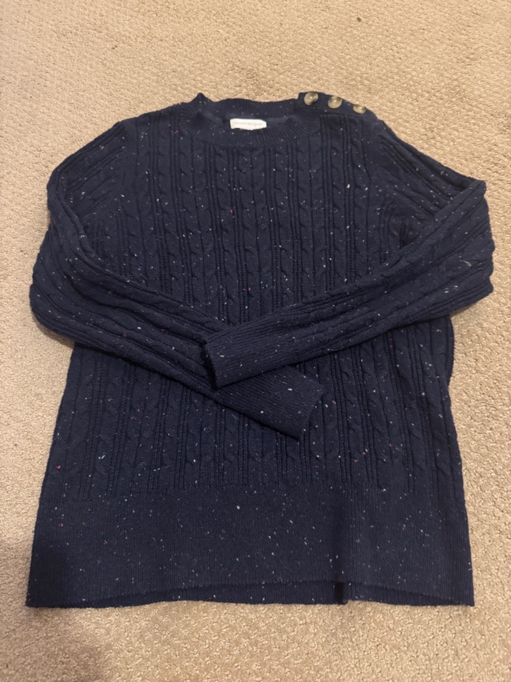 Charter Club Navy Speckled Cable Crewneck Sweater with Shoulder Buttons